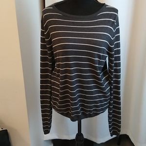 Grey and White Striped Crew Neck Sweater